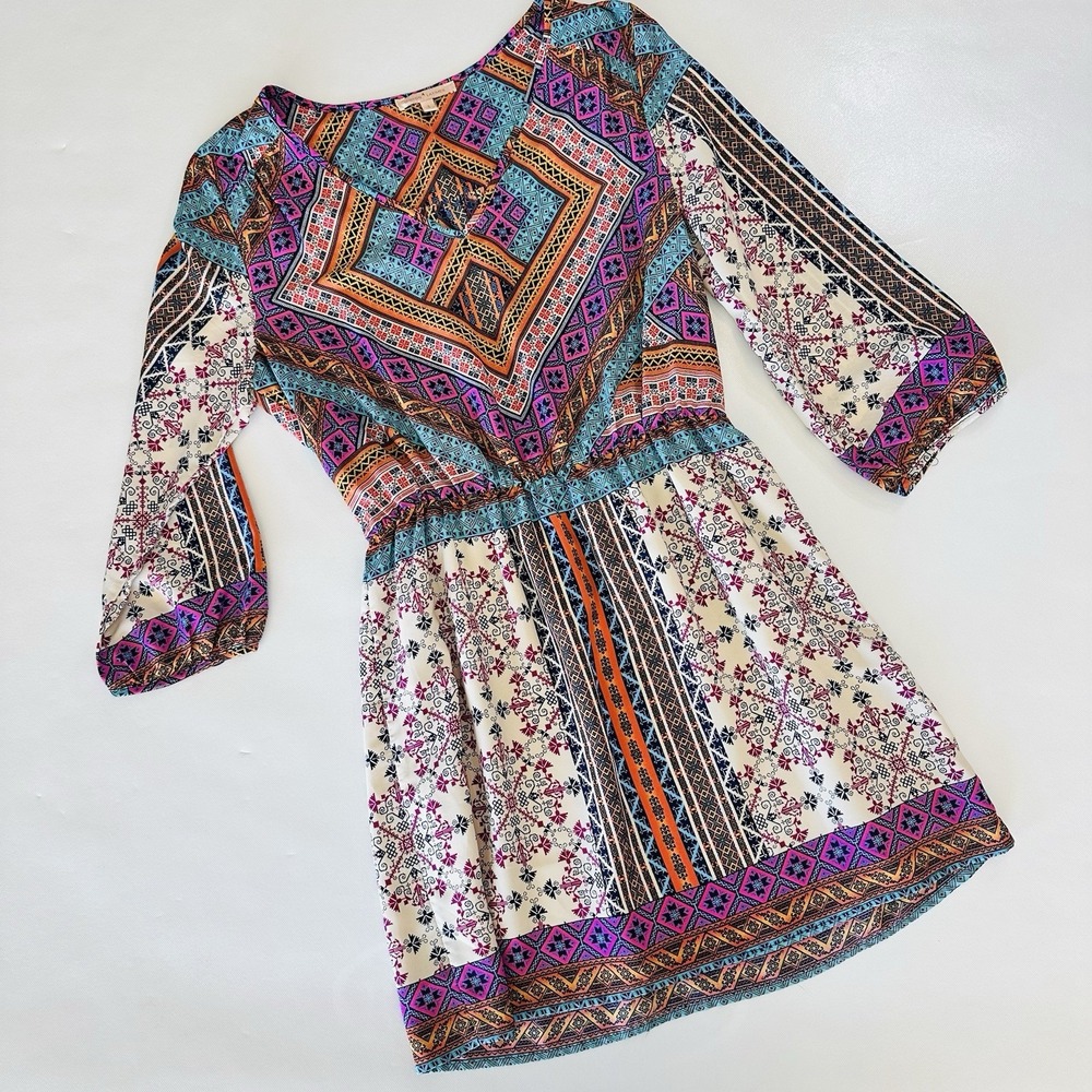 Gibson Latimer Boho Tribal Print Dress Small Made USA 3/4 Sleeve‎ Geometric NWOT
